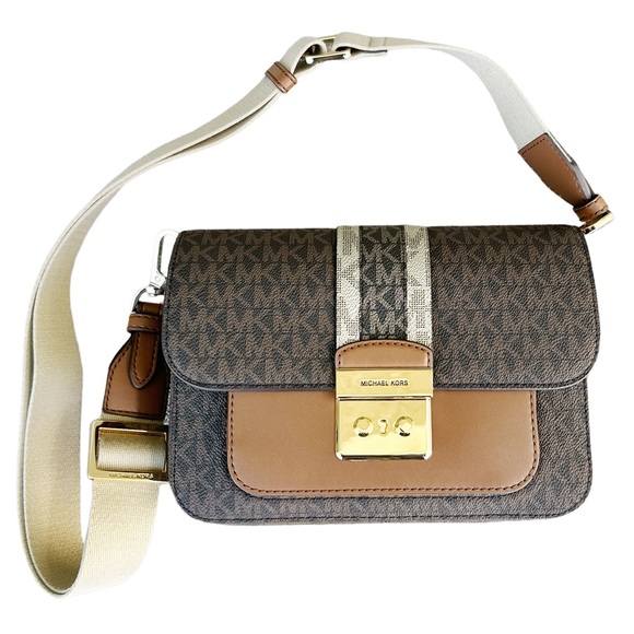 Michael Kors Flap Should Bag Brown MK Gold Stripe - Picture 3 of 6
